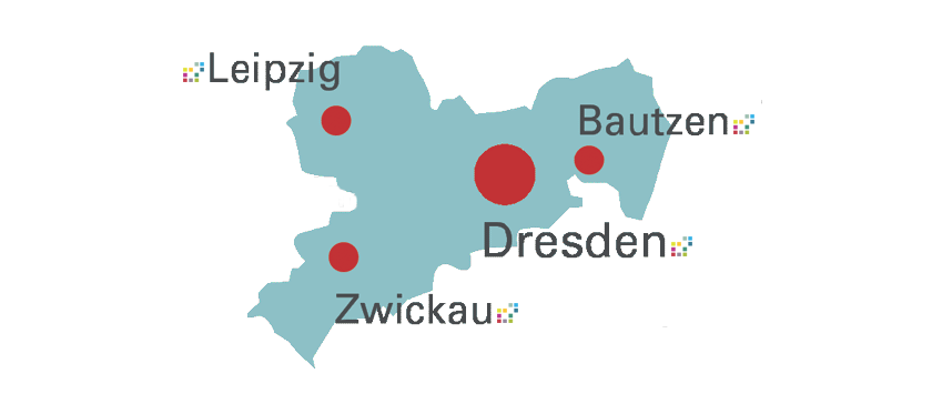 Karte von Sachsen mit den Standorten der Partnerhochschulen: Leipzig, Dresden, Bautzen und Zwickau